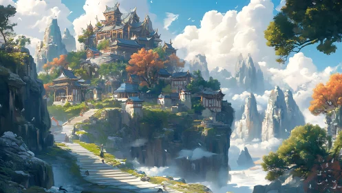 Mountain temple complex rises above cliffs and dense clouds