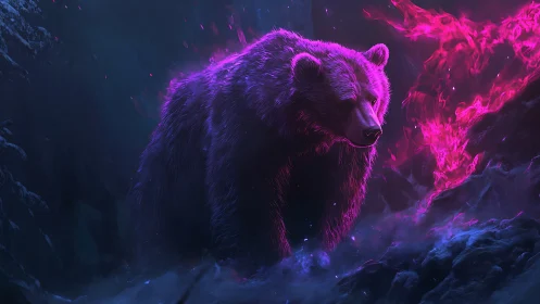 Neon-lit bear in dark rocky environment with pink energy forms.