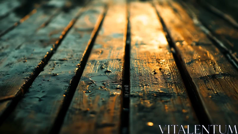 Close view of wet wooden planks under low warm sunlight.