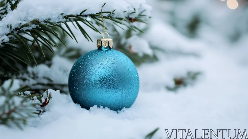 Turquoise Christmas bauble resting in snowy evergreen branches.