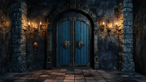 Medieval stone corridor with blue reinforced door and torch lighting