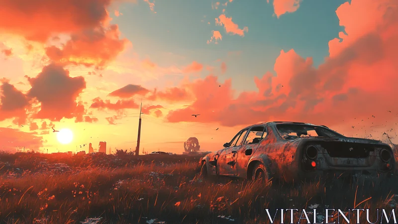 Rusting sedan sits in tall grass under vivid orange sunset