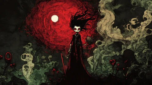 Gothic skeletal girl under blood-red moon with spectral smoke