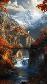 Mountain village bridge above autumn river gorge cascade
