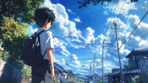 Summer street scene with schoolboy under vivid cumulus sky