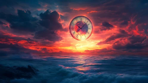 Temporal vortex clock hovering above turbulent chromatic sea.