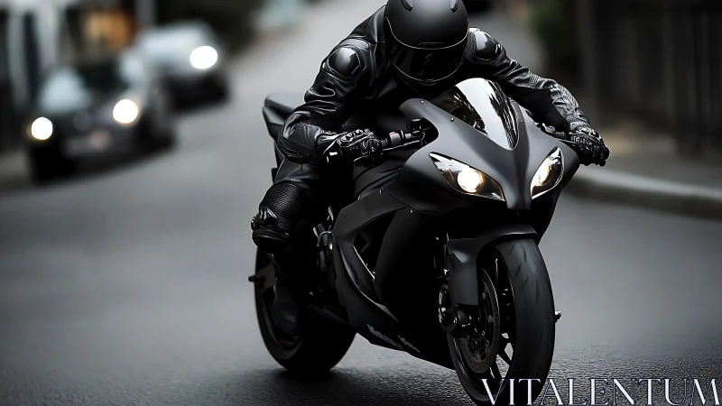 Stealth black superbike carving urban street with dynamic motion.