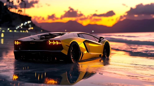 Sports coupe is parked on reflective shoreline at sunset