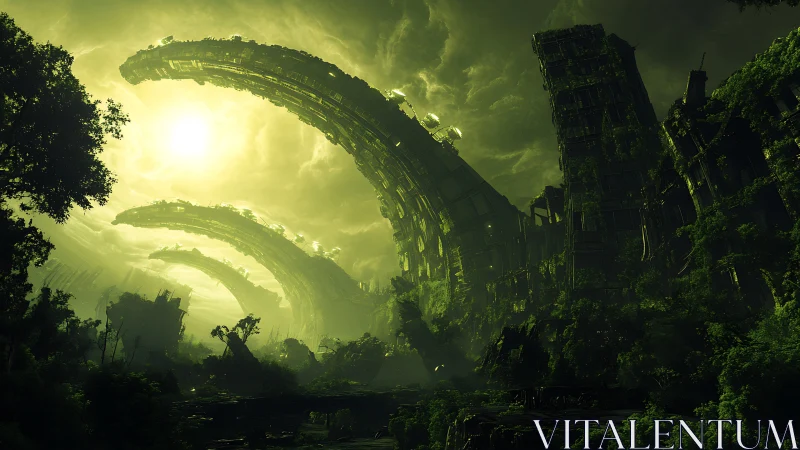 Curved megastructures overgrown by dense green forest.