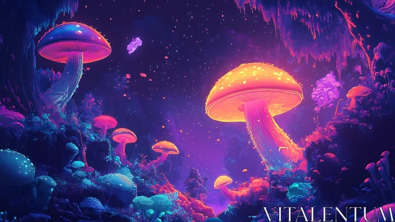 Glowing forest mushrooms light a dreamy neon night sky