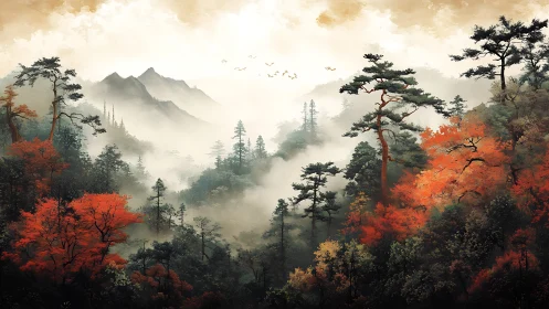 Misty Mountain Landscape with Autumn Foliage and Ancient Pines.