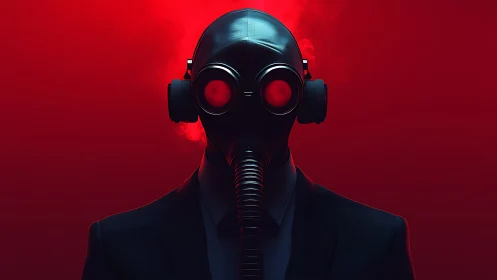 Gas mask figure stands in red haze with glowing lenses