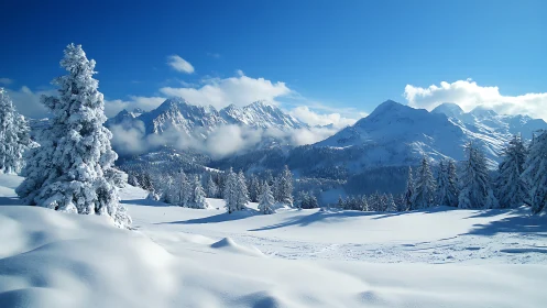 Snow-covered conifer forest before distant alpine peaks.