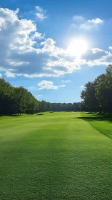 Sunlit fairway view across manicured golf course landscape.