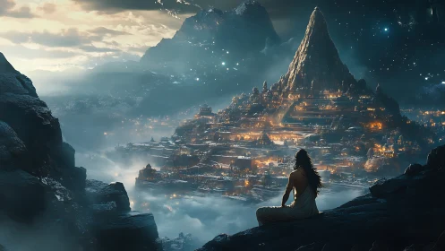 Solitary watcher overlooks luminous mountain citadel at dusk