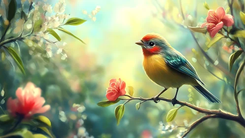 Vibrant songbird on flowering branch in dreamy digital painting.