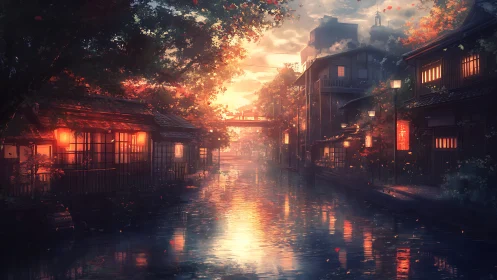 Canal-side street scene is illuminated by lantern reflections