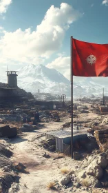 Red faction flag over snowy wasteland industrial outpost.