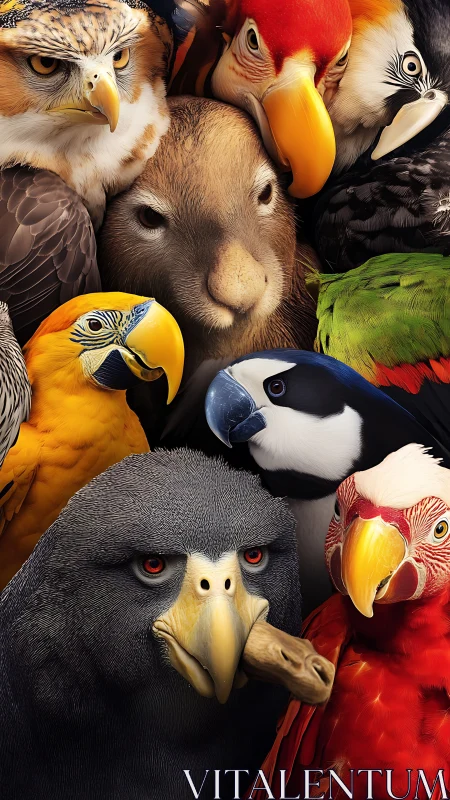 Colorful bird friends gathered around a gentle furry guest.