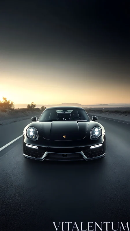 Sunset drive with a sleek black sports car on open road.