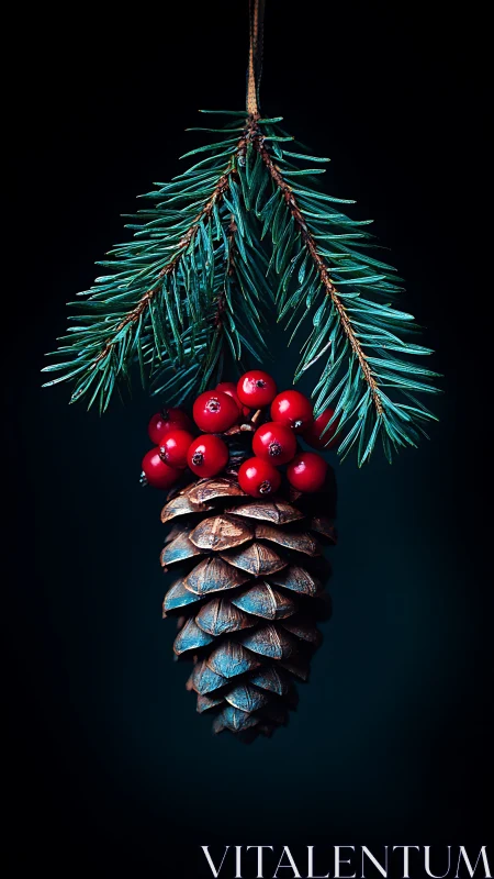 Pine cone cluster hangs under evergreen sprig on dark background
