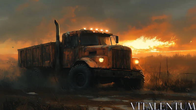 Rusty dump truck crossing marsh under burning sunset sky.