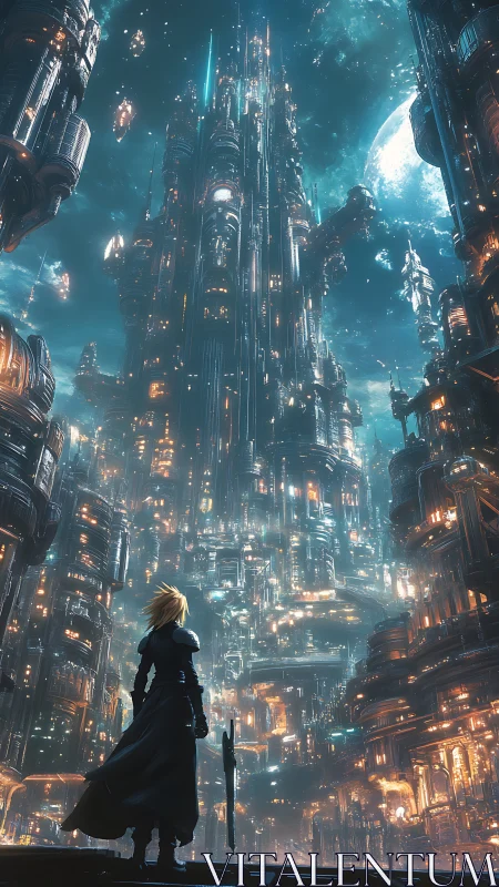 Solitary warrior contemplates a towering neon sci fi mega city