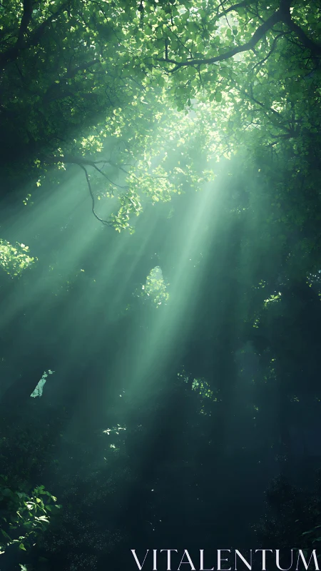 Sunbeams penetrate dense forest canopy in volumetric perspective