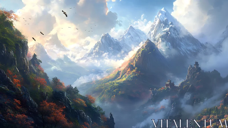 Sunlit mountain temples in a misty, dreamlike valley.