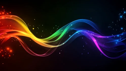 Multicolored light wave arcs across dark digital background