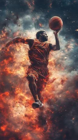 Dynamic basketball dunk rendered in fiery digital painting