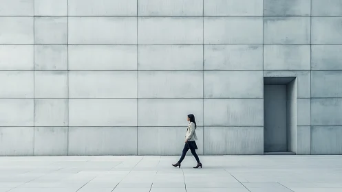 Solitary professional strides past stark concrete wall.