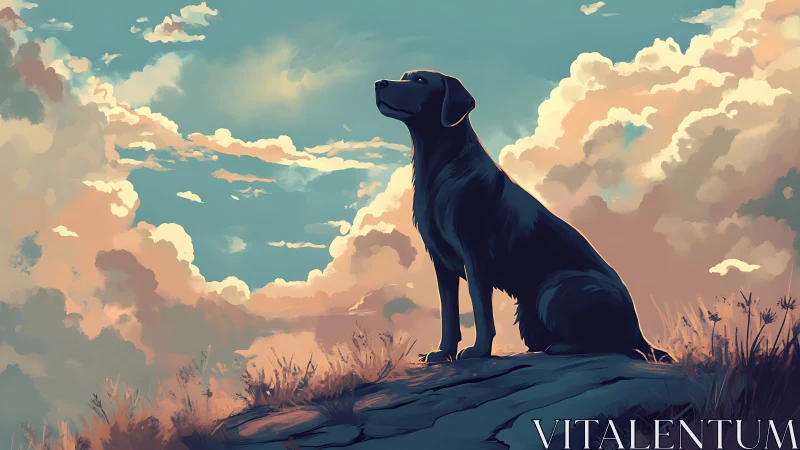 Silhouetted dog on sunset ridge rendered in soft digital light