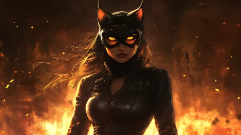 Feline-themed vigilante in pyro-illuminated leather armor frame.
