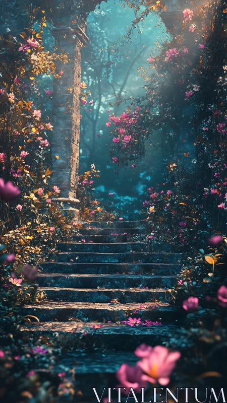 Stone stairway through dense flowering garden foliage.