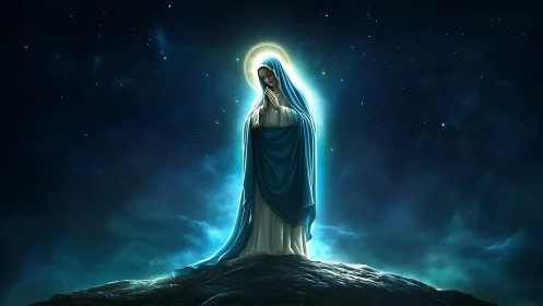 Luminous veiled figure in blue cloaked by a solemn night sky.
