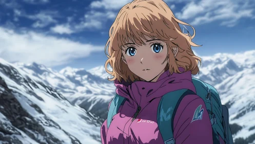 Snowy mountain hiker gazes ahead with quiet determination