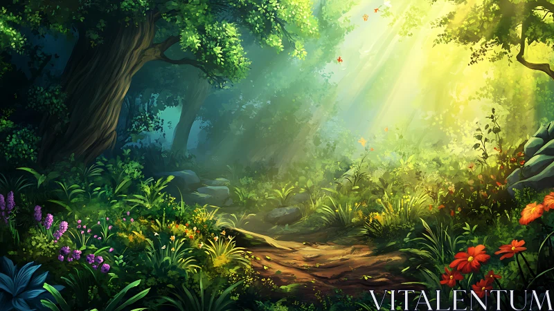 Sunlit Forest Sanctuary Where Ancient Trees Frame Enchanted Blooms