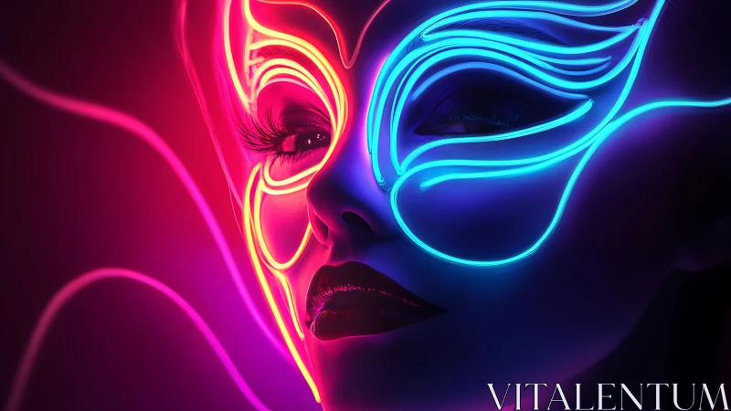 Neon lit female face with glowing abstract mask design.