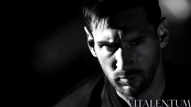 High-contrast monochrome male portrait in raking chiaroscuro.