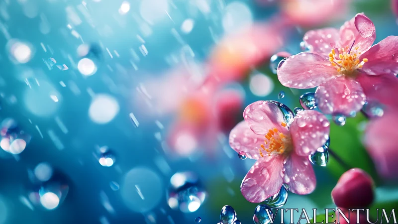 Pink flowers with water droplets against blue bokeh background