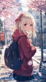 Spring city stroll with a shy, soft-smiling schoolgirl.