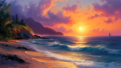 Sunlit waves approach a rocky shoreline under clouded sky