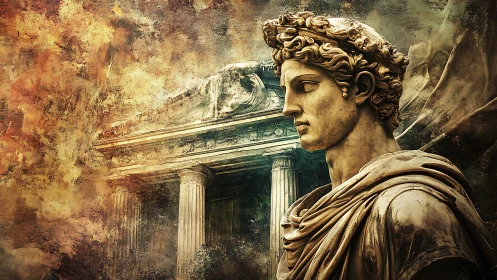 Digital painting of classical statue before ruined temple.