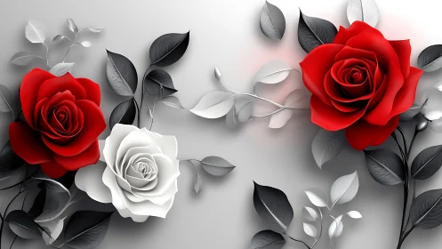 Red and White Roses with Black Leaves on Gray Background