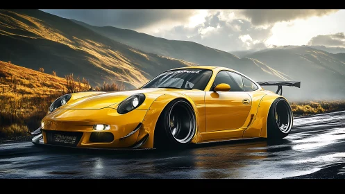 Sunlit turbo coupe prowls a rain-slick mountain pass