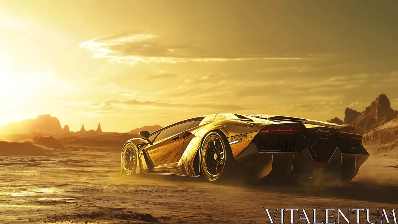 Golden supercar cruising into a warm desert sunset glow.
