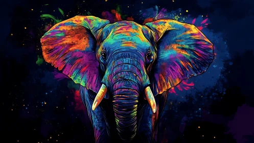 Color saturated elephant portrait on dark abstract field.