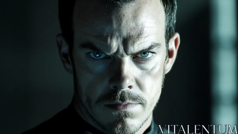 Piercing turquoise gaze slices through the shadowed silence