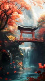 Scarlet bridge serenades a misty waterfall in autumn hush